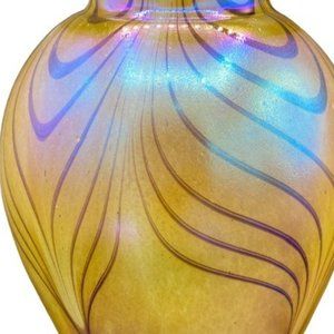 Vintage Pulled Feather Iridescent Art Glass Ruffle Tulip Lamp Shade Globe